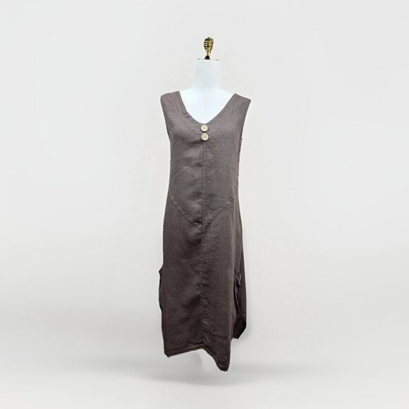 Italian Pocket Lagenlook Tulip Linen Dress - Chocolate - S/M - Worn 1 Time - Picture 1 of 9
